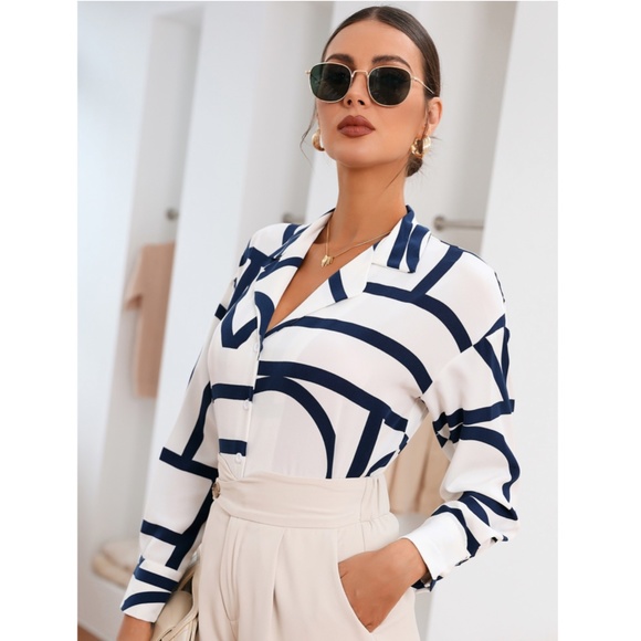 Geometric Print Blouse Buttoned Shirt White - Picture 6 of 9